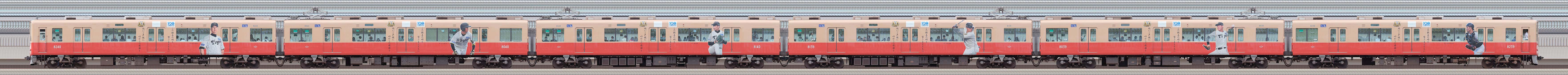 阪神8000系8239編成「阪神タイガース優勝記念ラッピングトレイン」(浜側)の編成サイドビュー