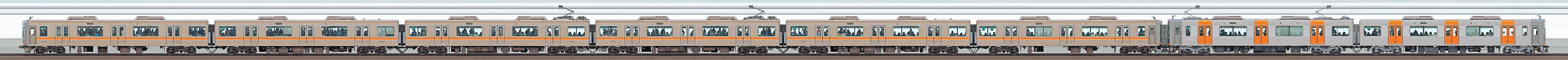  阪神電気鉄道9000系9207編成＋1000系1604編成（浜側）の編成サイドビュー