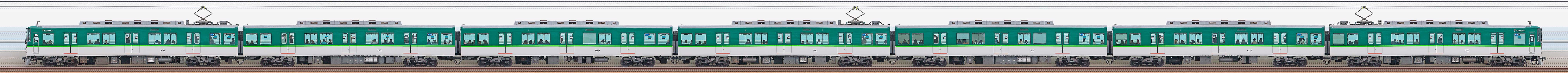 京阪7000系リニューアル車7002編成（川側）の編成サイドビュー