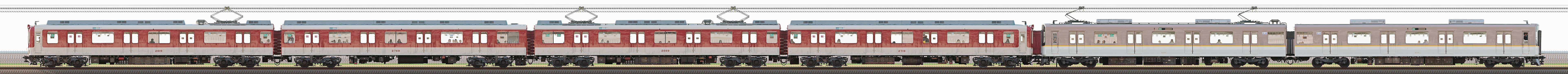 近鉄2610系X19・2619編成＋9020系EW51・9051編成（北側）の編成サイドビュー