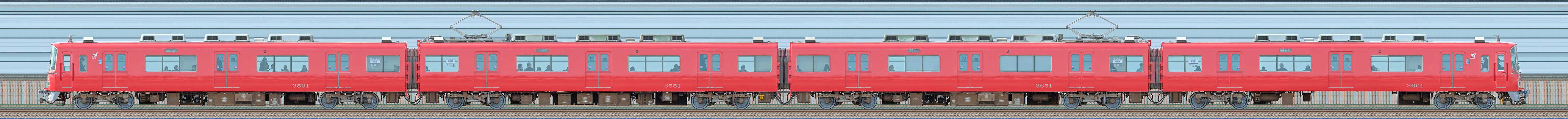 名鉄3500系(1次車)3501編成(更新車・山側)の編成サイドビュー