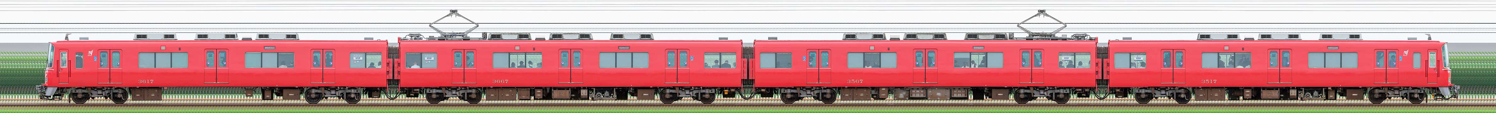 名鉄3500系(3次車)3517編成(更新車・海側)の編成サイドビュー