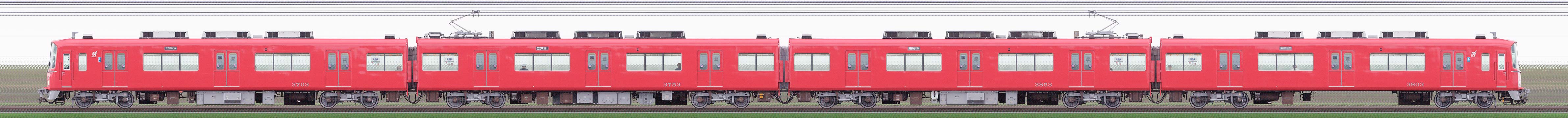 名鉄3700系(2次車)3703編成(更新車・山側)の編成サイドビュー