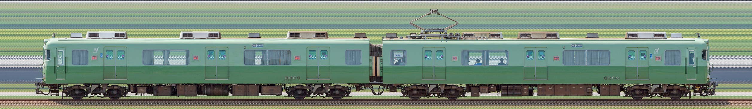 名鉄6000系(3次車)6009編成3400系復刻塗装車両(山側)の編成サイドビュー