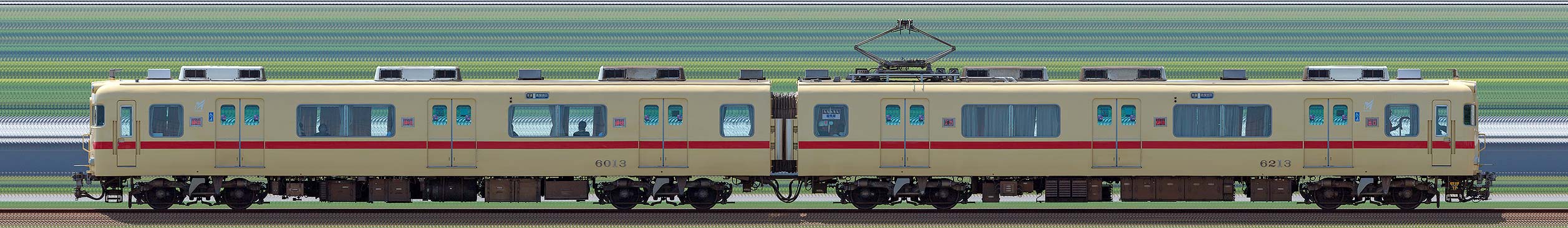名鉄6000系(3次車)6013編成5500系復刻塗装車両(山側)の編成サイドビュー