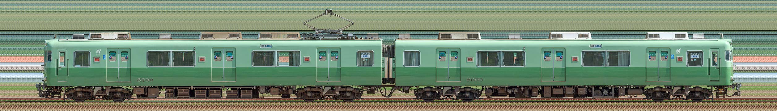 名鉄6000系(3次車)6009編成3400系復刻塗装車両(海側)の編成サイドビュー