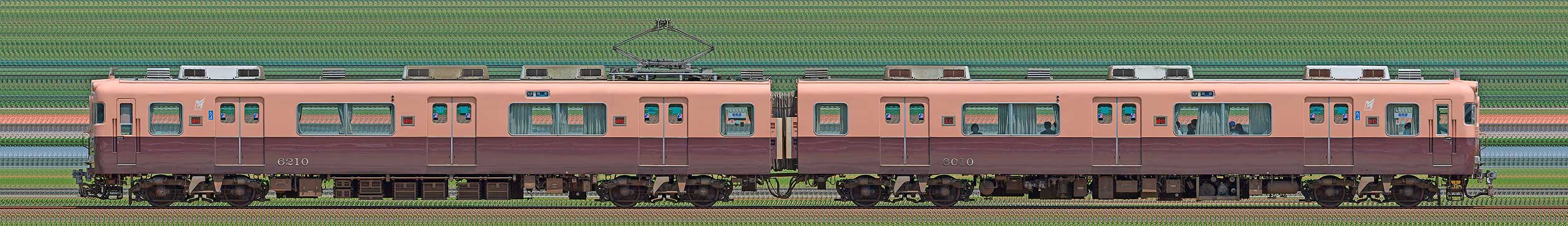 名鉄6000系（3次車）6010編成5500系復刻塗装車両（海側）の編成サイドビュー