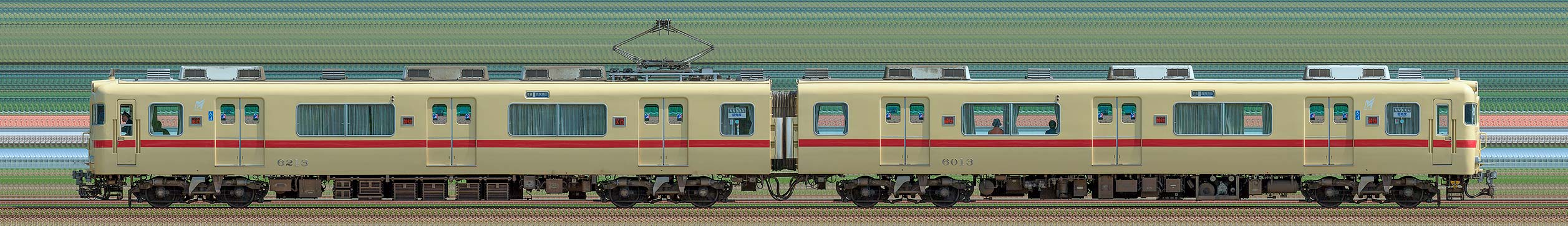 名鉄6000系(3次車)6013編成5500系復刻塗装車両(海側)の編成サイドビュー