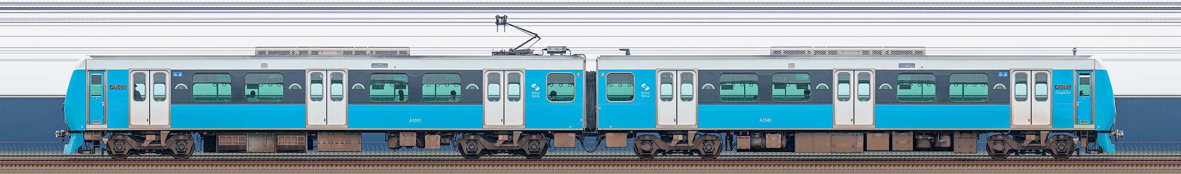 静岡鉄道A3000形A3001編成（Clear Blue・海側）の編成サイドビュー