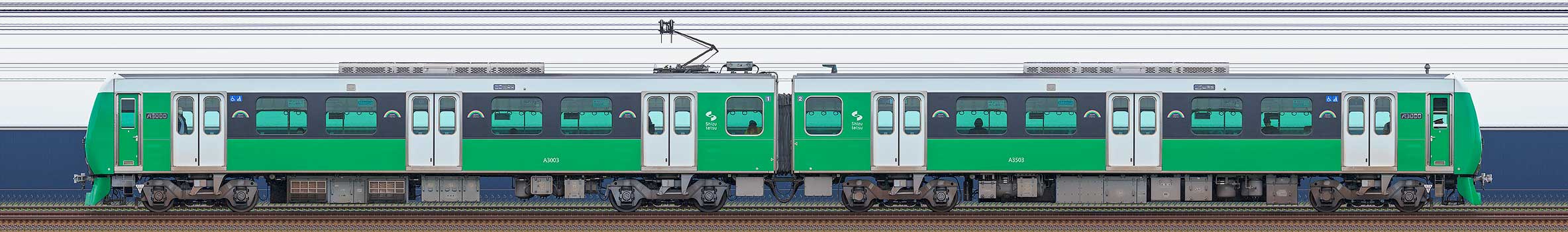 静岡鉄道A3000形A3003編成（Natural Green・海側）の編成サイドビュー