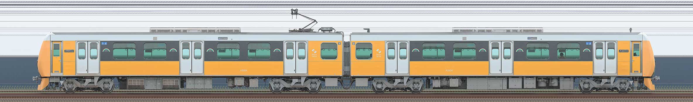 静岡鉄道A3000形A3004編成（Brilliant Orange Yellow・海側）の編成サイドビュー
