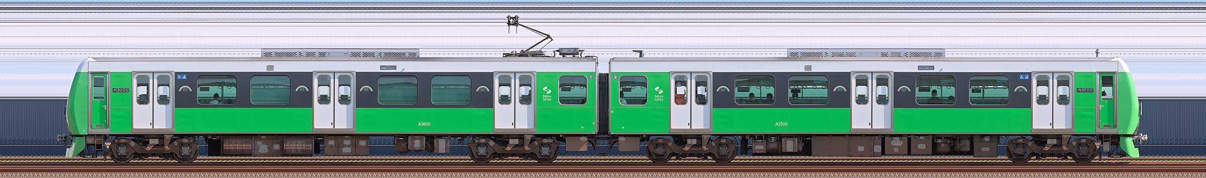 静岡鉄道A3000形A3008編成（Fresh Green・海側）の編成サイドビュー