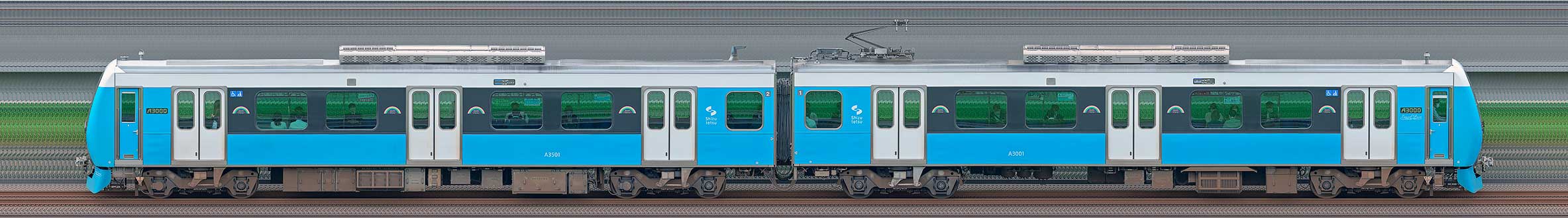 静岡鉄道A3000形A3001編成（Clear Blue・山側）の編成サイドビュー
