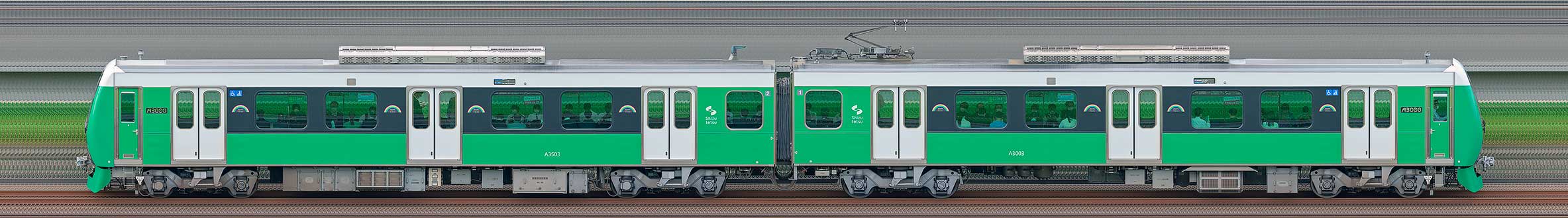 静岡鉄道A3000形A3003編成（Natural Green・山側）の編成サイドビュー
