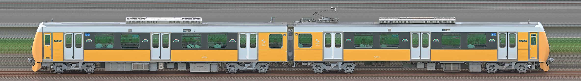 静岡鉄道A3000形A3004編成（Brilliant Orange Yellow・山側）の編成サイドビュー