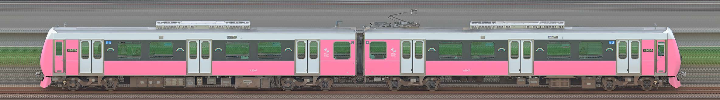 静岡鉄道A3000形A3007編成（Pretty Pink・山側）の編成サイドビュー