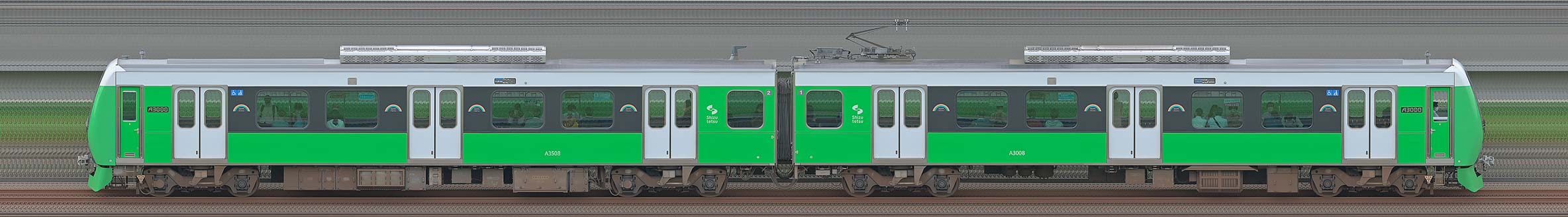静岡鉄道A3000形A3008編成（Fresh Green・山側）の編成サイドビュー