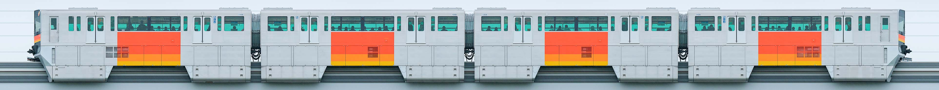 多摩都市モノレール1000系1108編成(東側)の編成サイドビュー
