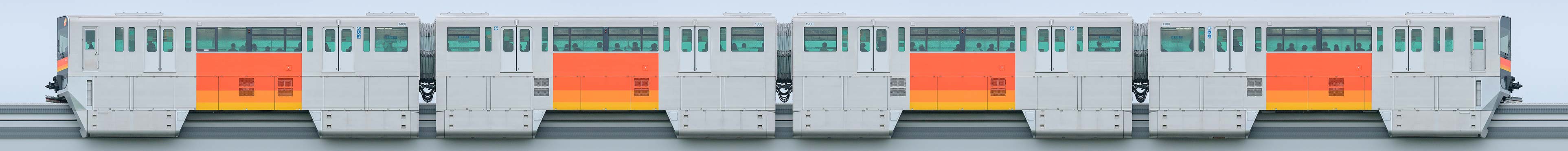 多摩都市モノレール1000系1108編成（西側）の編成サイドビュー
